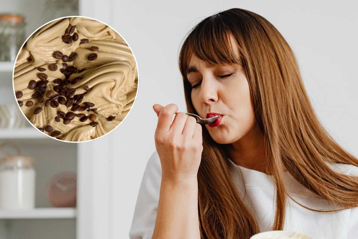 ragazza mangia e crema caffè nel riquadro