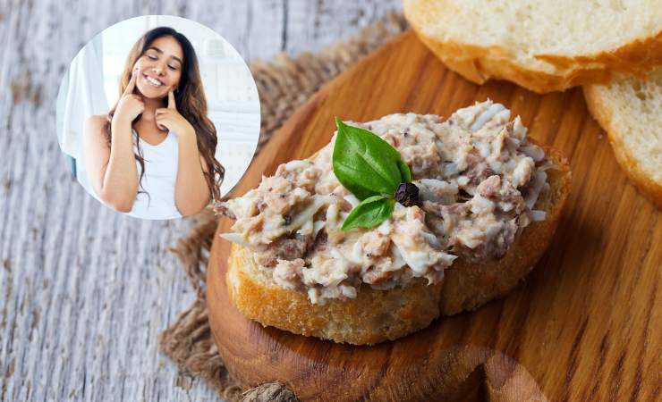 crostini con paté di tonno e immagine di donna