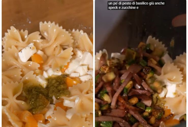 pasta e condimento con speck in contenitore