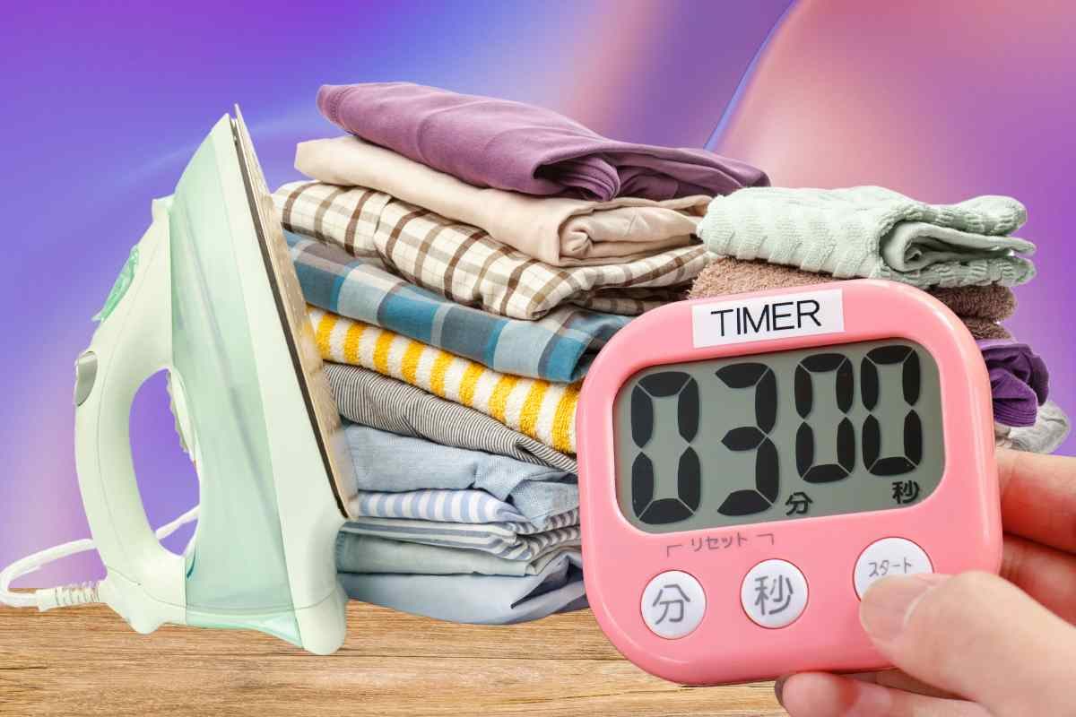Ferro da stiro, vestiti e cronometro 3 minuti