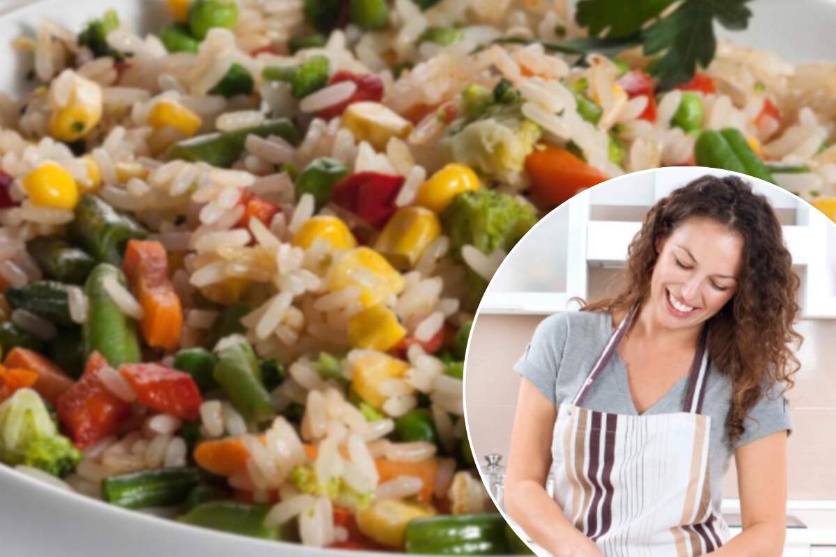 Insalata di riso e una donna che cucina