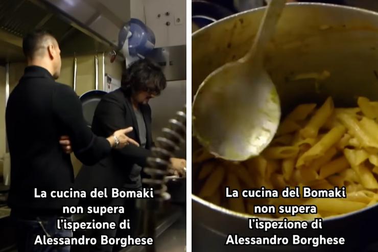 collage ristorante con borghese e pentola con pasta