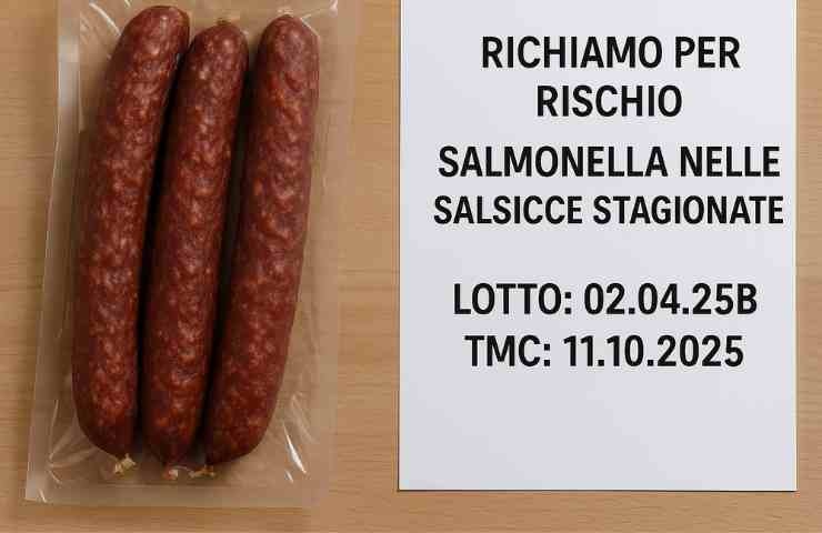 Salsiccia stagionata con cartello che indica rischio salmonella e lotto