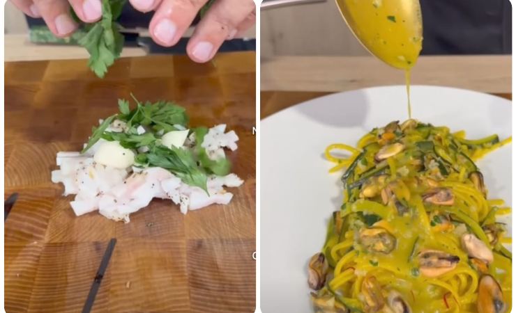 lardo con prezzemolo e aglio- piatto linguine alle cozze