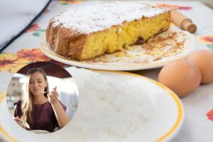 torta , uova e donna che mangia