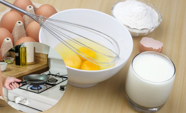 uova, farina, latte e padella sul fuoco