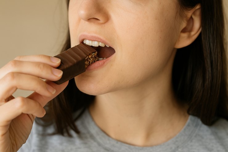 Donna che mangia una barretta di cioccolato
