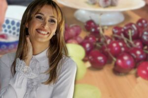 Benedetta Parodi e frutta nello sfondo
