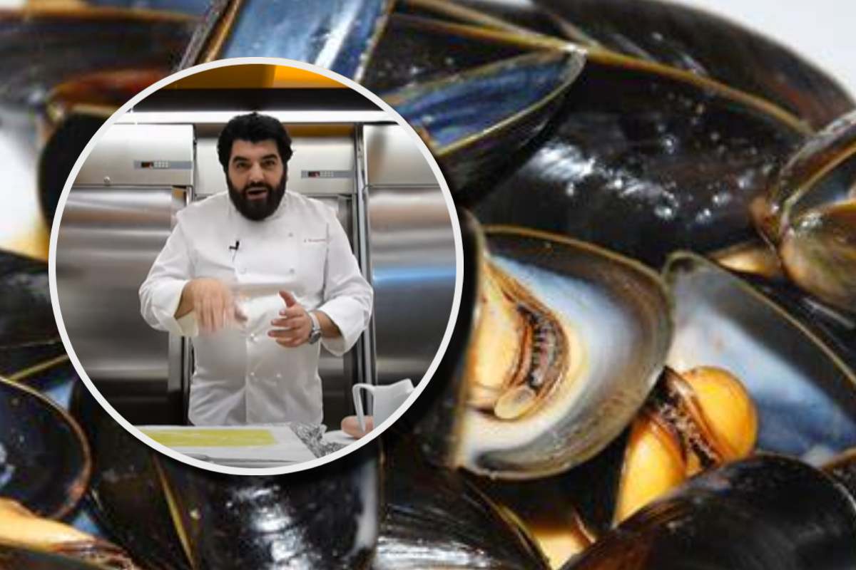Delle cozze e in evidenza lo chef Cannavacciulo
