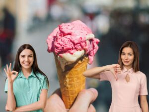 donna con in mano un cono di gelato, un'altra che fa ok e un'altra con pollice in giù