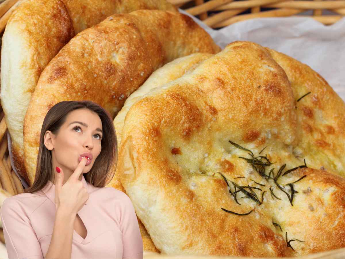 cestino di focaccine e donna con dito in bocca