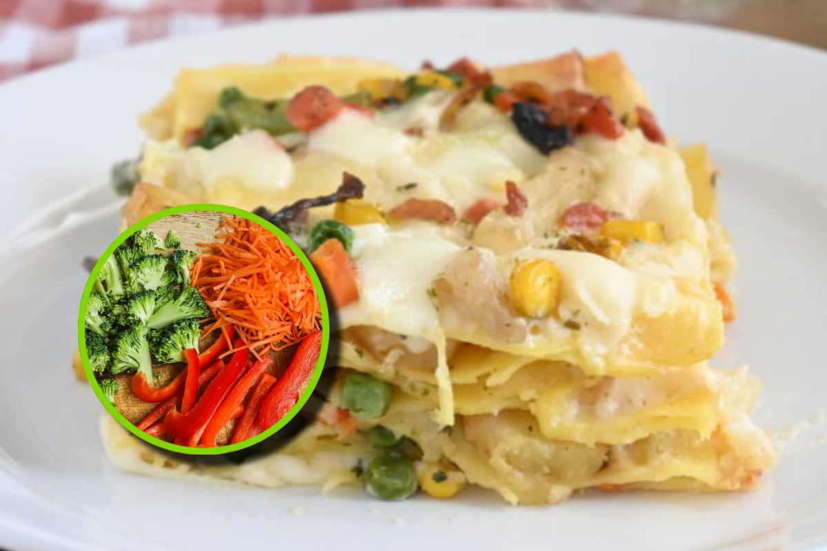 lasagna nel piatto e verdure in icona