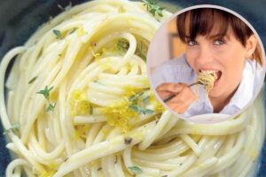 collage spaghetti e ragazza che mangia