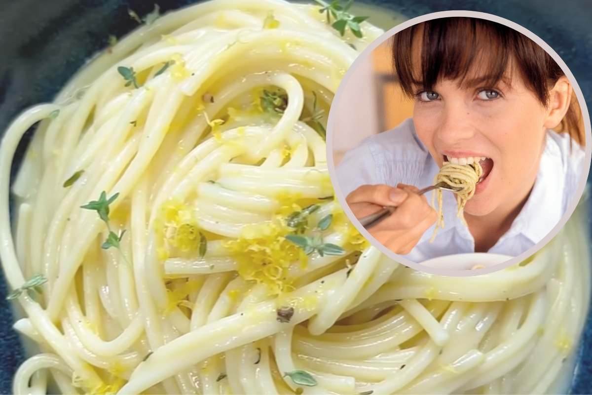 collage spaghetti e ragazza che mangia