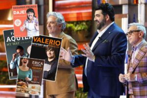 I tre conduttori di MasterChef e alcune copertine di libri pubblicati dai concorrenti