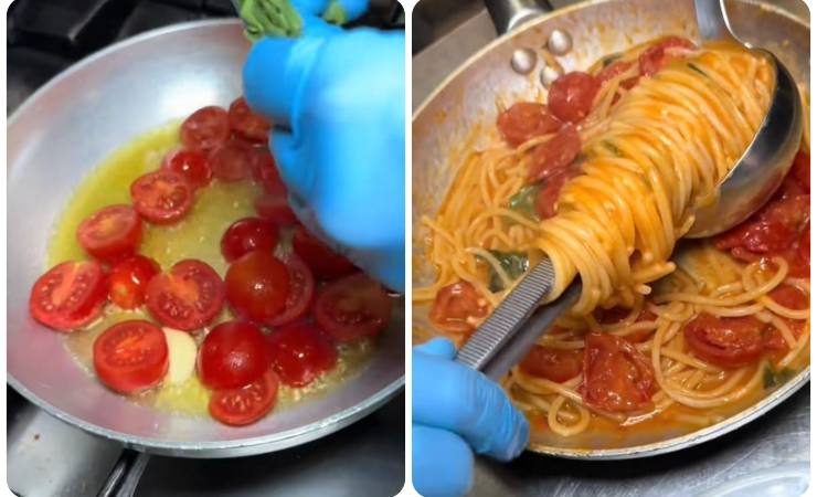 pomodori in padella e spaghetti