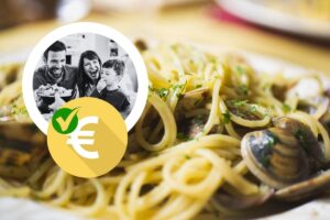 Spaghetti vongole, famiglia felice, simbolo euro e tick verde