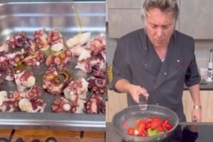 Collage di Andrea Mainardi in cucina e del polpo a pezzi