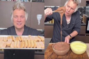 Collage di Andrea Mainardi che prepara dolce ai savoiardi