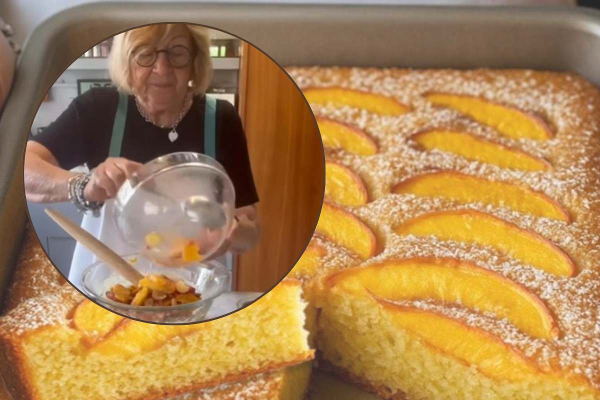 Anna Moroni in cucina e nello sfondo torta alle pesche