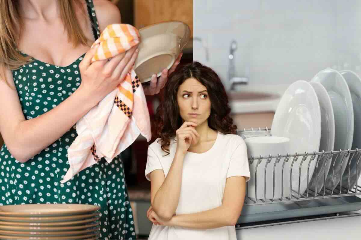 Donna dubbiosa fra immagine di ragazza che asciuga piatto e immagine di scolapiatti pieno di stoviglie