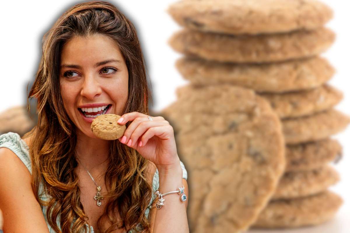 collage biscotti e ragazza che mangia un biscotto