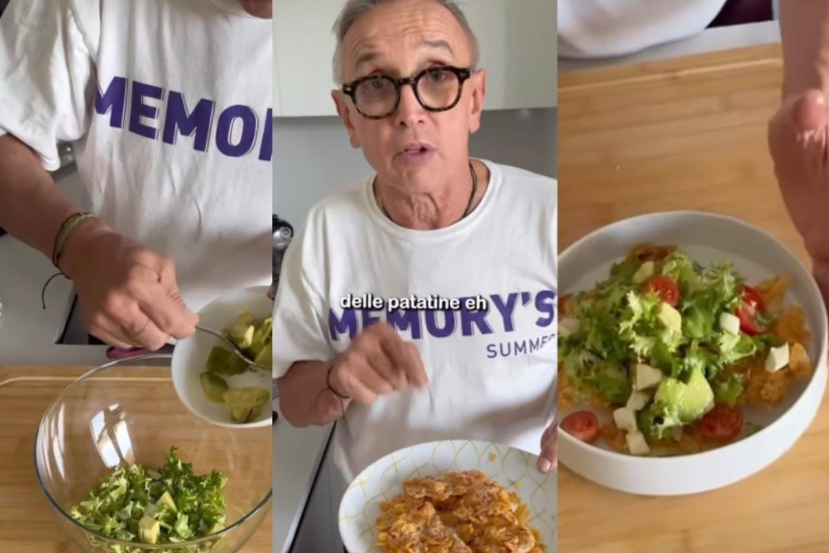 Collage di Bruno Barbieri che prepara l'insalata