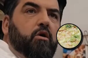 Cannavacciulo con lo sguardo scioccato e, in evidenza, una pizza condita male