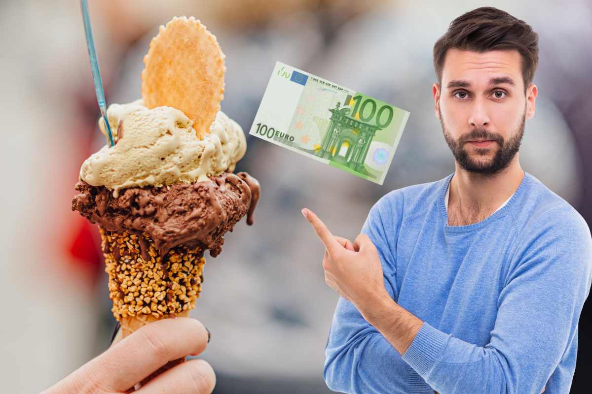 uomo indica cono gelato e banconota 100 euro
