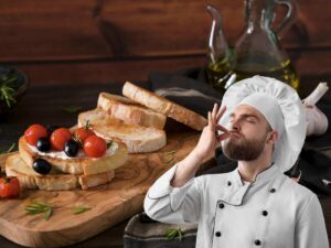 bruschette su tagliere e chef