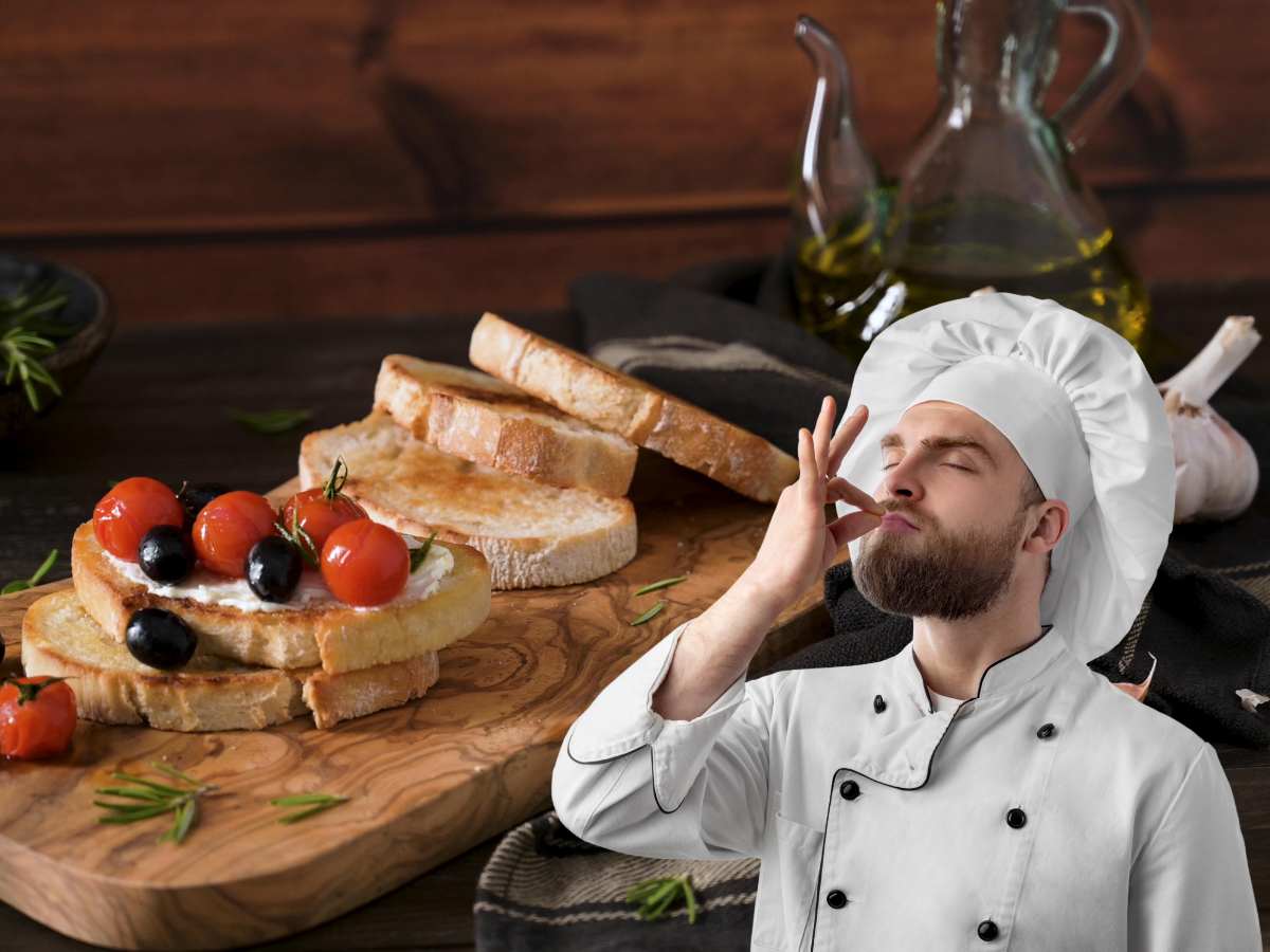 bruschette su tagliere e chef 