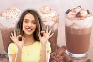 bicchieri di crema caffè e ragazza in primo piano