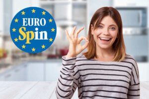 donna gesto ok sfondo cucina e logo eurospin