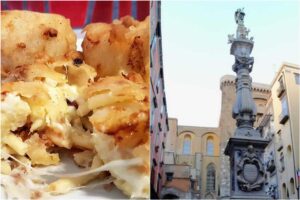Una frittatina di pasta e l'obelisco di San Gennaro nel centro di Napoli