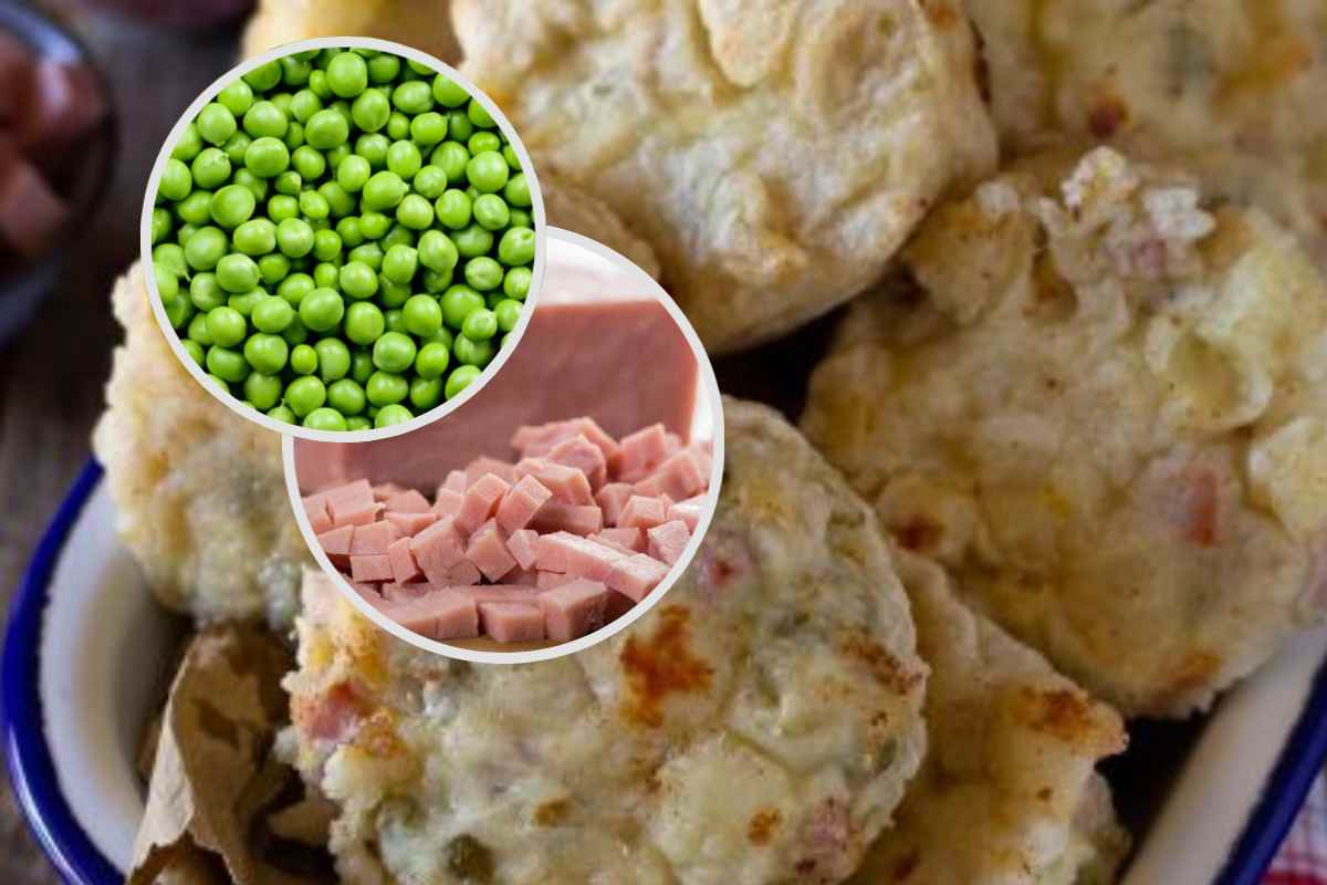 Frittatine di pasta e, in evidenza, del prosciutto cotto e dei piselli