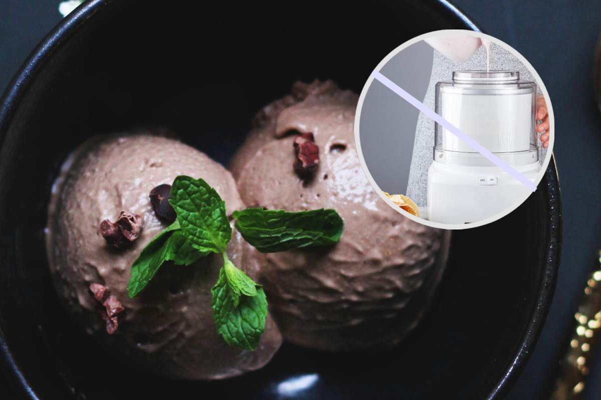 Un gelato nella scodella e in evidenza una gelatiera