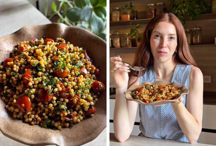 collage piatto di insalata di fregula e ragazza con un piatto in mano
