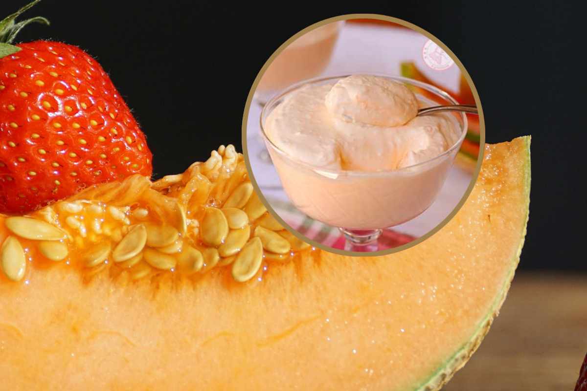 Una fetta di melone e, in evidenza, una crema fredda e spumosa al melone