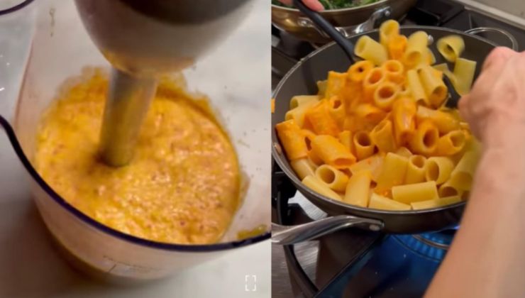 Preparazione dei paccheri con crema di peperoni
