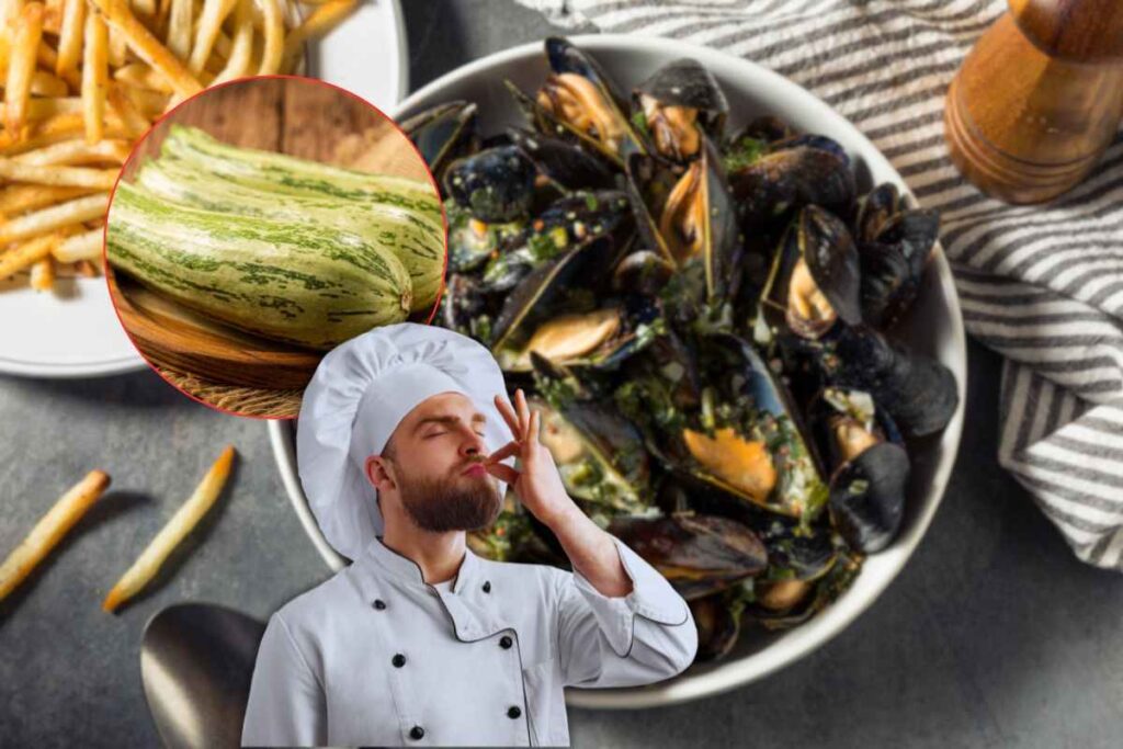 chef, zucchine e piatto di cozze
