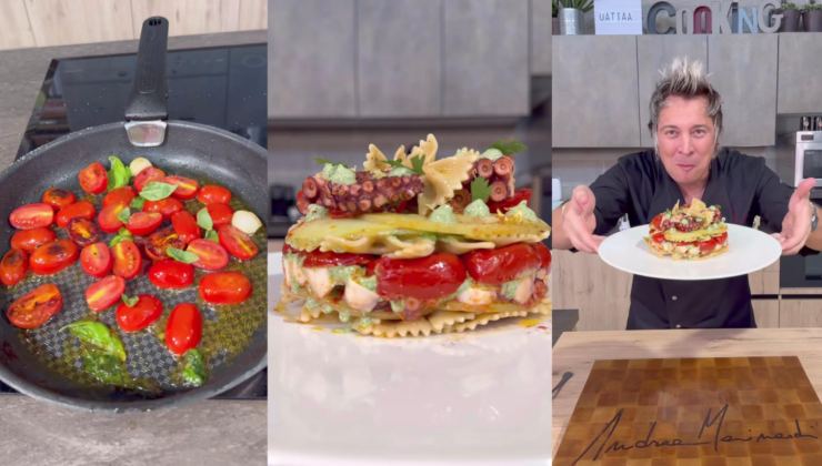 Collage di Andrea Mainardi con pasta fredda col polpo e patate