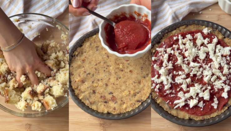 Preparazione della pizza fatta con pane avanzato