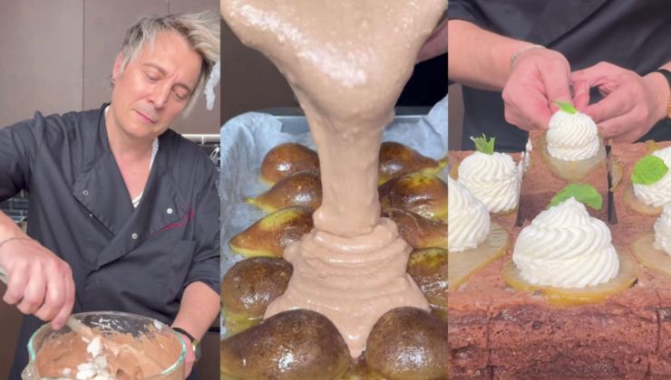 Preparazione del dolce alle pere e al cioccolato di Mainardi