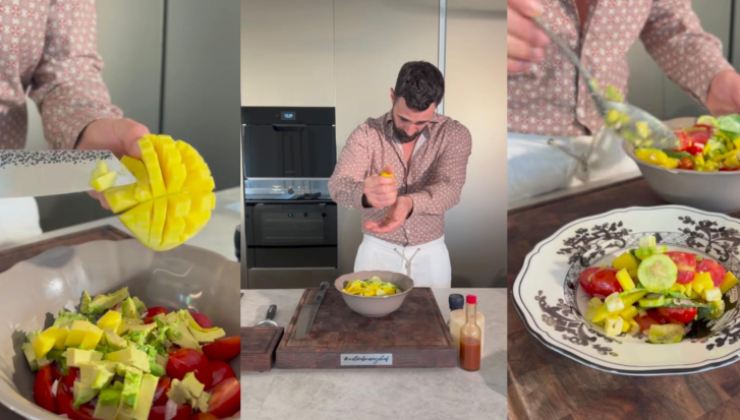 Collage di Roberto Valbuzzi che prepara l'insalata