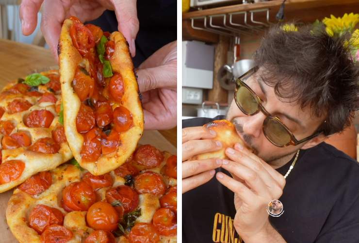 collage pizzette e ragazzo che mangia