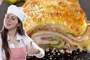 collage ragazza con grembiule e rotolo di zucchine