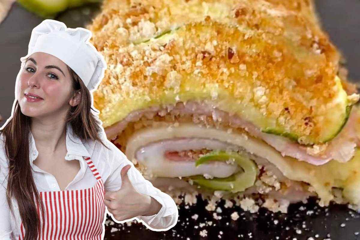 collage ragazza con grembiule e rotolo di zucchine