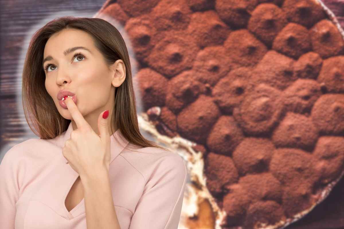 collage con una donna e torta al tiramisù