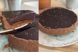 Collage di una torta al cioccolato e caramello