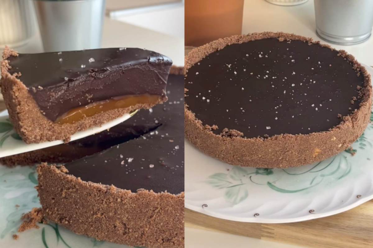 Collage di una torta al cioccolato e caramello